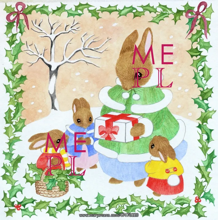 : Rabbits with present and a basket of holly : Rabbits with present and a basket of holly