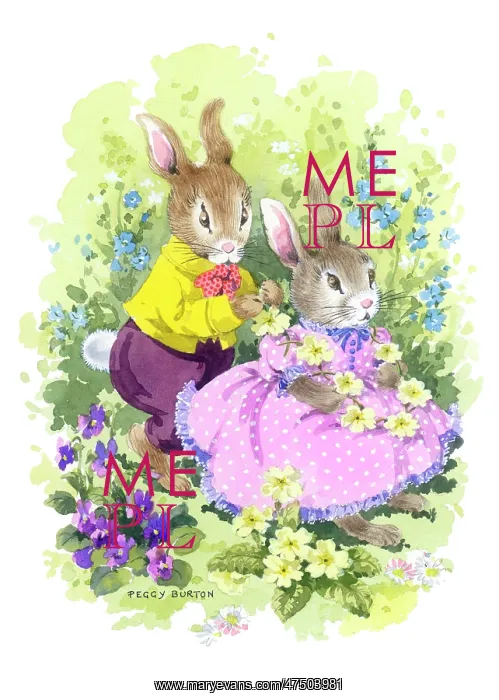 : Two rabbits with a primrose chain : Two rabbits with a primrose chain