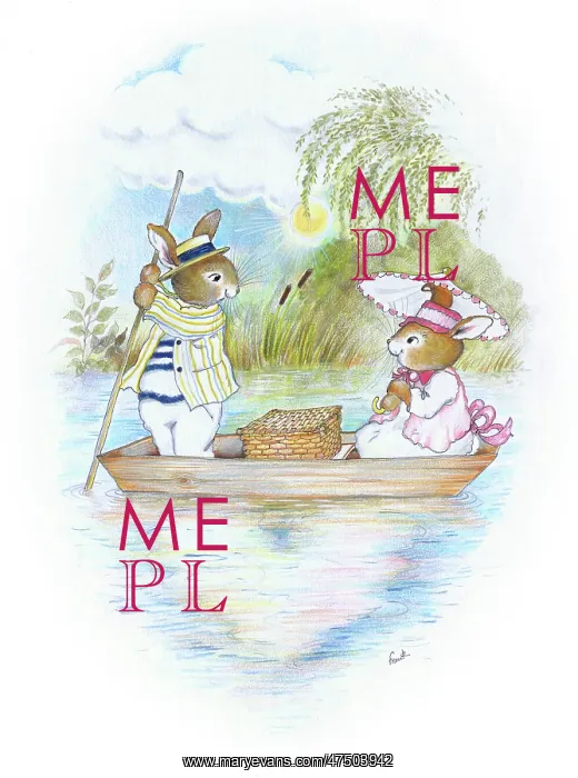 : Two rabbits in a punt on the river : Two rabbits in a punt on the river