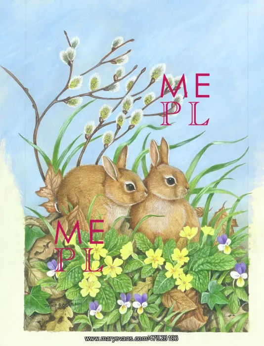: Rabbits with Pussy Willow and Primroses : Rabbits with Pussy Willow and Primroses
