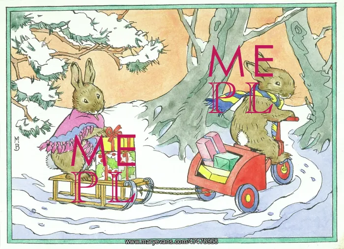 : Rabbits on sledge and tricycle with presents : Rabbits on sledge and tricycle with presents