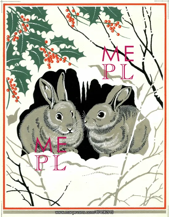  : Two rabbits in the snow with holly