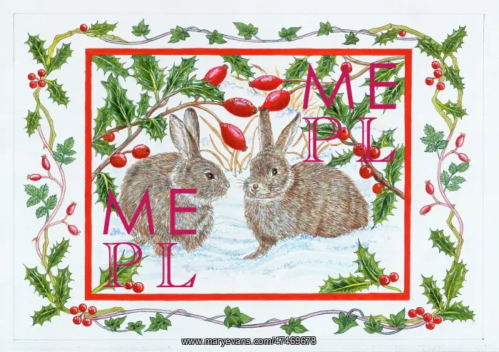 : Two rabbits in the snow with rosehips and holly : Two rabbits in the snow with rosehips and holly