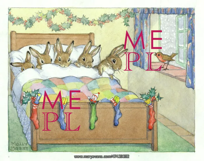 : Five rabbits tucked up warm in bed as it snows ouside : Five rabbits tucked up warm in bed as it snows ouside
