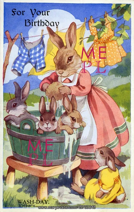 : Rabbits Wash-Day - Birthday Greetings Postcard : Rabbits Wash-Day - Birthday Greetings Postcard