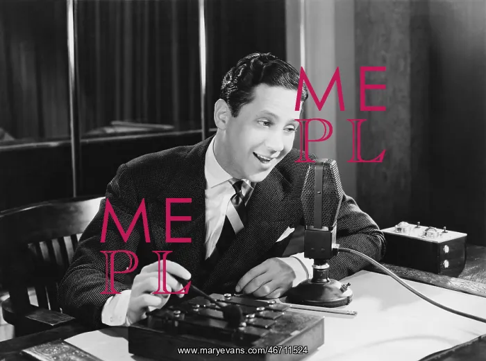 : Radio talk show host speaking into a microphone : Radio talk show host speaking into a microphone