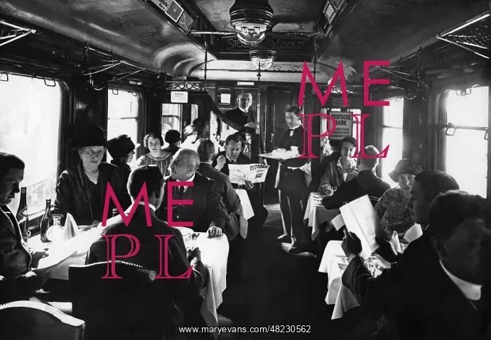 : Railway dining car in Germany, 1926 : Railway dining car in Germany, 1926