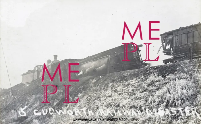 : Railway disaster, locomotive engine on its side : Railway disaster, locomotive engine on its side