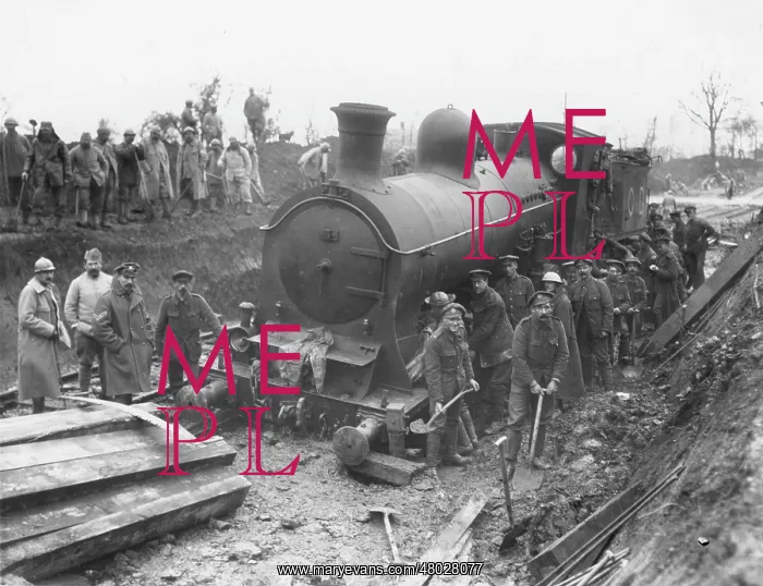 : Railway engine run off the lines, Maricourt, France, WW1 : Railway engine run off the lines, Maricourt, France, WW1