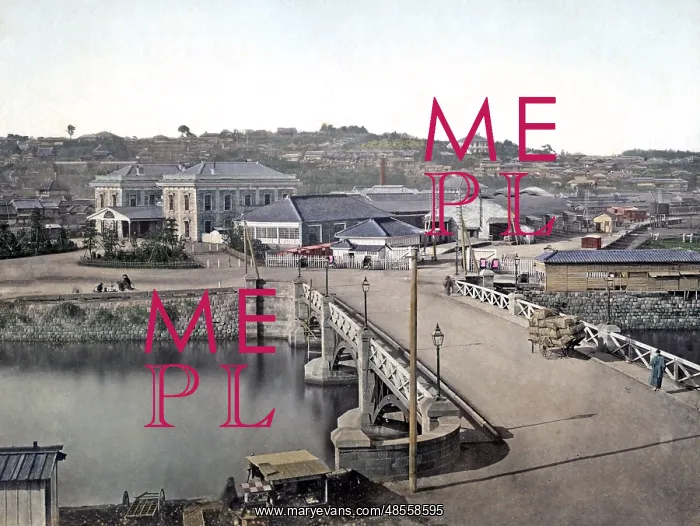 : Railway station and bridge, Yokohama, Japan, circa 1880s : Railway station and bridge, Yokohama, Japan, circa 1880s