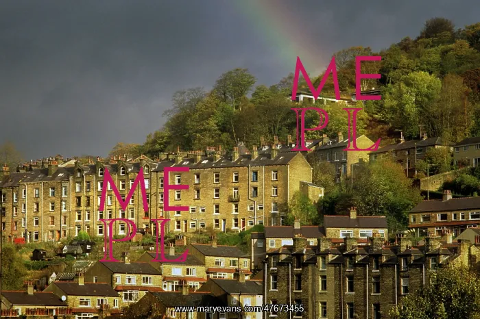 : A rainbow over terraced stone houses at Hebden Bridge : A rainbow over terraced stone houses at Hebden Bridge