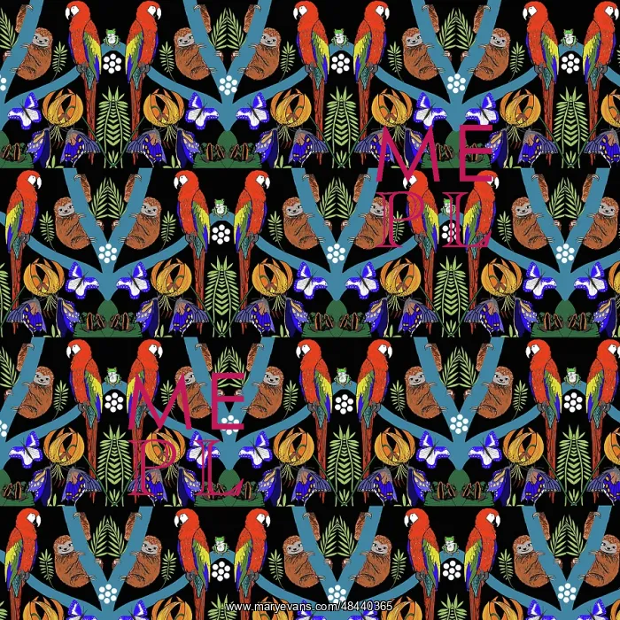 : Rainforest scene with parrots, sloths, frogs and butterflies