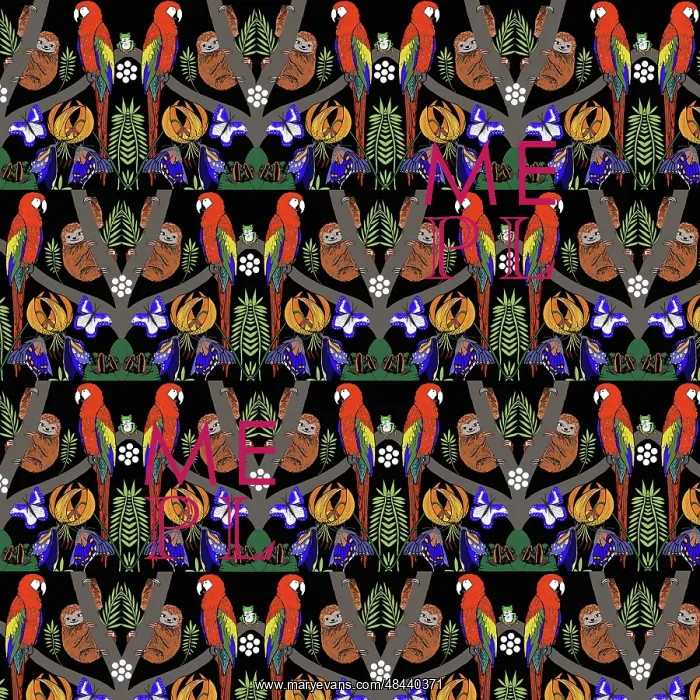  : Rainforest scene with parrots, sloths, frogs and butterflies