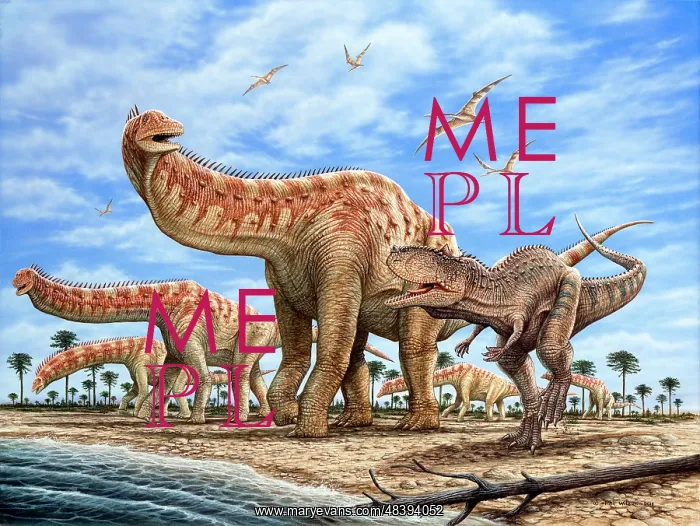: A Rajasaurus pursues a herd of Isisaurus dinosaurs : A Rajasaurus pursues a herd of Isisaurus dinosaurs