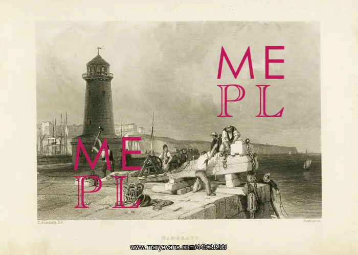 : Ramsgate. View of Ramsgate docks, across to the cliffs, with lighthouse, and men unloading : Ramsgate. View of Ramsgate docks, across to the cliffs, with lighthouse, and men unloading
