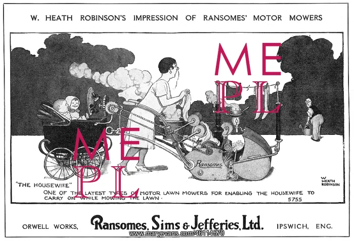 : Ransomes, Sims and Jeffries advert by Heath Robinson : Ransomes, Sims and Jeffries advert by Heath Robinson
