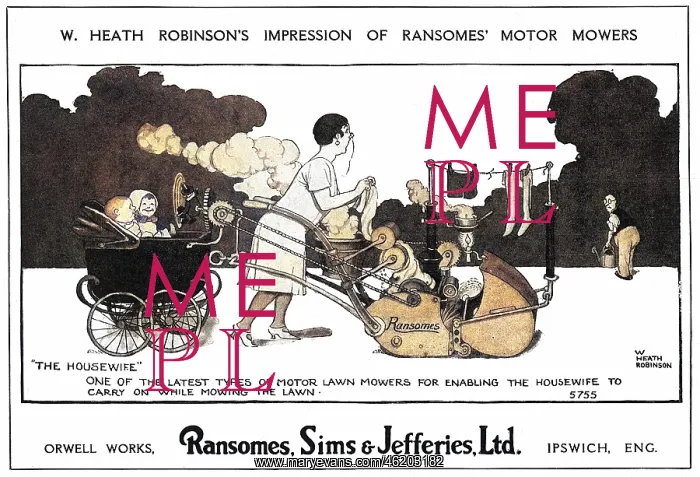 : Ransomes, Sims and Jeffries advert by Heath Robinson : Ransomes, Sims and Jeffries advert by Heath Robinson