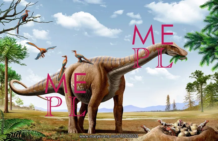 : A Rapetosaurus feeding on leaves with Rahonavis on its back : A Rapetosaurus feeding on leaves with Rahonavis on its back