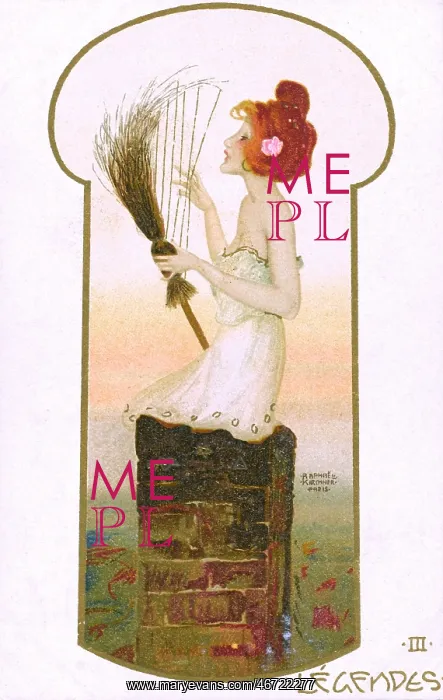 : Raphael Kirchner - Pretty lady on a Chimney with broom harp : Raphael Kirchner - Pretty lady on a Chimney with broom harp
