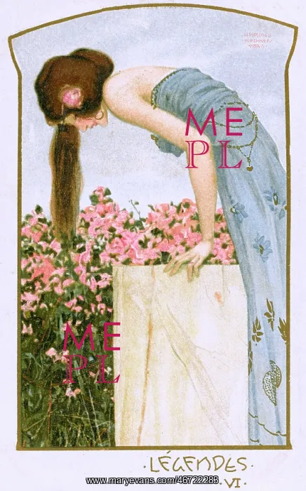 : Raphael Kirchner - Pretty lady looking down on pink flowers : Raphael Kirchner - Pretty lady looking down on pink flowers