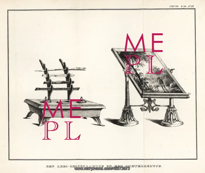: Reading lectern with landscape and ink stand with : Reading lectern with landscape and ink stand with