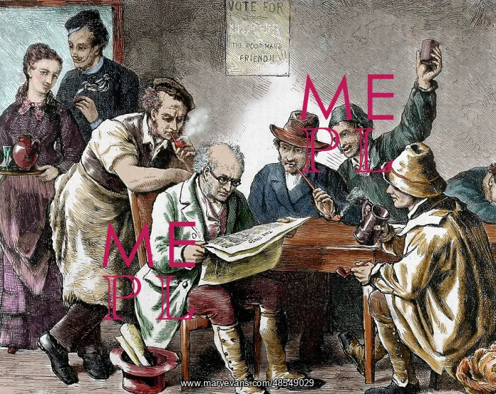  : Reading the newspaper in the tavern. Colored engraving, 1876