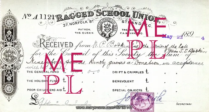 : Receipt, Ragged School Union, London : Receipt, Ragged School Union, London