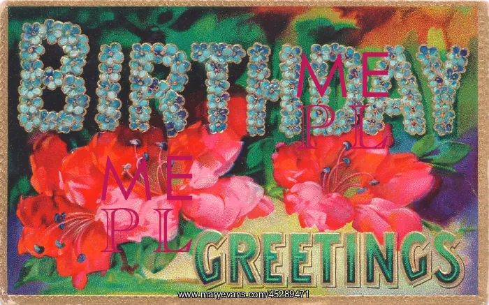  : Red and blue flowers on a birthday postcard