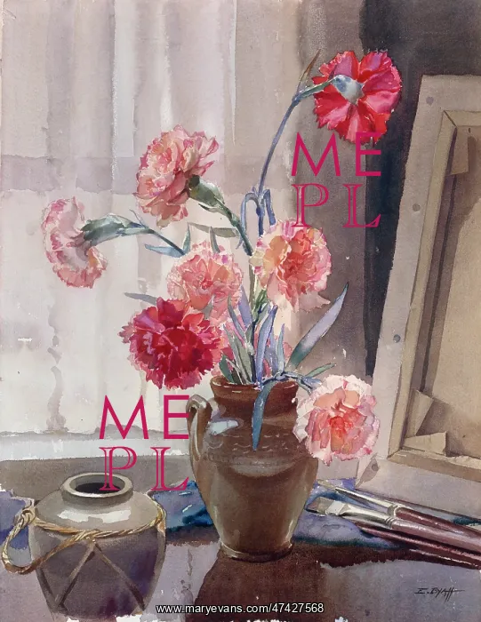 : Red Carnations ? still life with vases, paint brushes and c : Red Carnations ? still life with vases, paint brushes and c