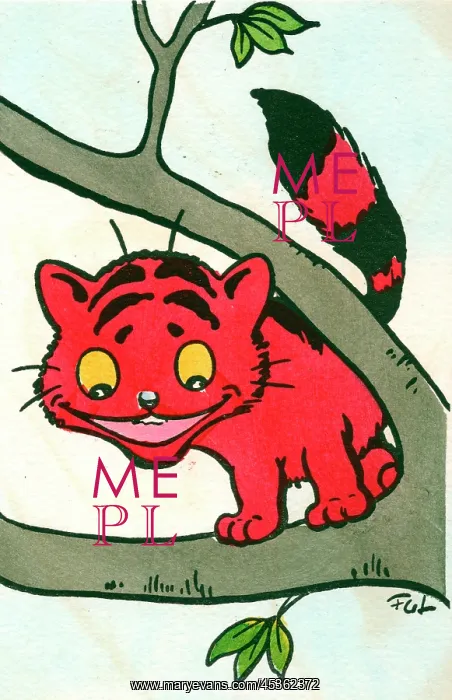  : Red cat in a tree on a postcard