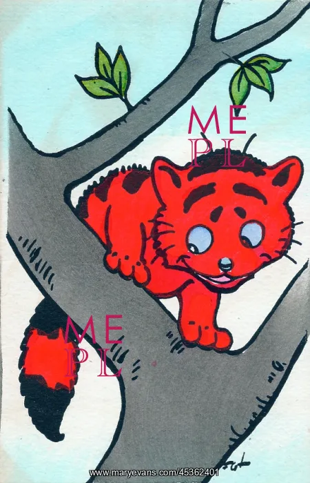  : Red cat in a tree on a postcard