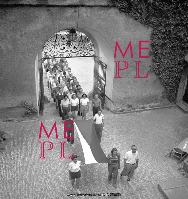 : Red Cross. Lisno - Czechoslovakia, 1950. First aid students march behind : Red Cross. Lisno - Czechoslovakia, 1950. First aid students march behind