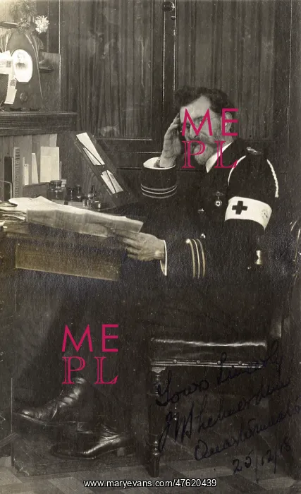 : Red Cross quartermaster in his office, WW1 : Red Cross quartermaster in his office, WW1