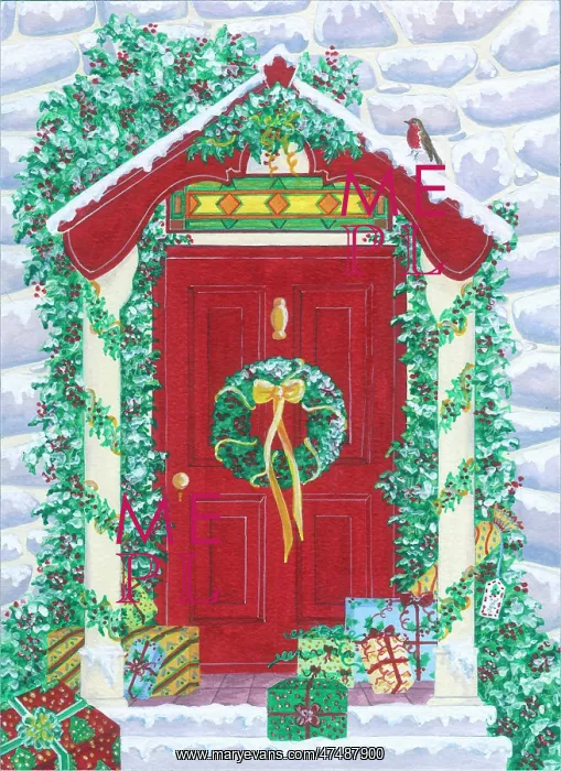 : Red Door with Holly Wreath : Red Door with Holly Wreath