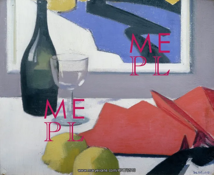 : Red Fan with Bottle and Glass ' with lemons : Red Fan with Bottle and Glass ' with lemons