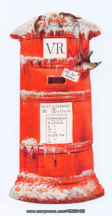  : Red pillar box with robins on a Christmas card