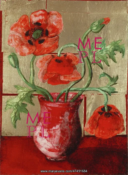 : Three red poppies in a red vase : Three red poppies in a red vase