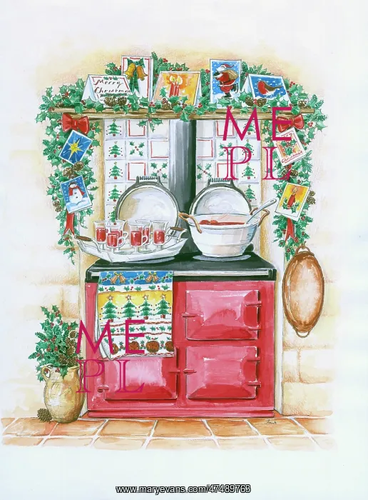 : Red range cooker, punch bowl and six glasses : Red range cooker, punch bowl and six glasses