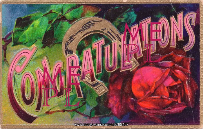  : Red rose and horseshoe on a Congratulations postcard