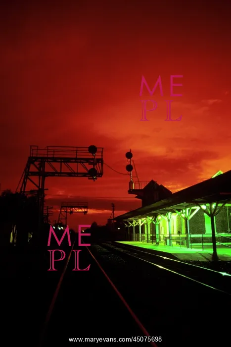 : Red Sky Above Green Railroad Station Tracks Converging in : Red Sky Above Green Railroad Station Tracks Converging in
