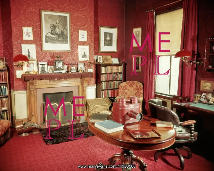 : Red Victorian Home Study with Glass Slide Projector Desk : Red Victorian Home Study with Glass Slide Projector Desk