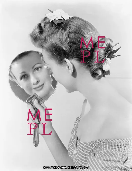 : Reflection of a young woman, looking in a mirror : Reflection of a young woman, looking in a mirror