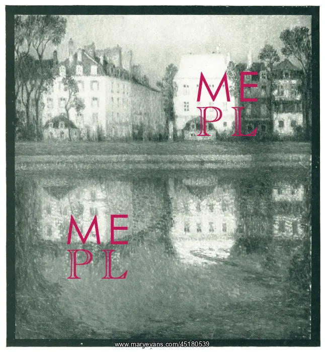 : Reflets. A painting of some tidy, large town buildings, boldly reflected in the calm river : Reflets. A painting of some tidy, large town buildings, boldly reflected in the calm river