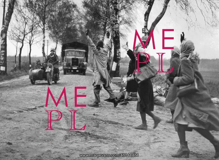 : Refugees stop trucks, 1944 / 45 : Refugees stop trucks, 1944 / 45