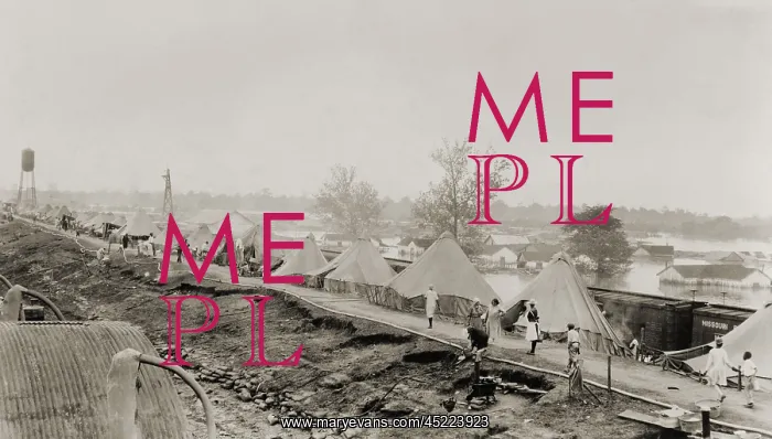 : Refugees at a tent city on the levee, with ? : Refugees at a tent city on the levee, with ?