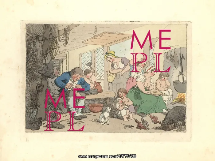 : Regency cobbler mending shoes in a crowded room : Regency cobbler mending shoes in a crowded room