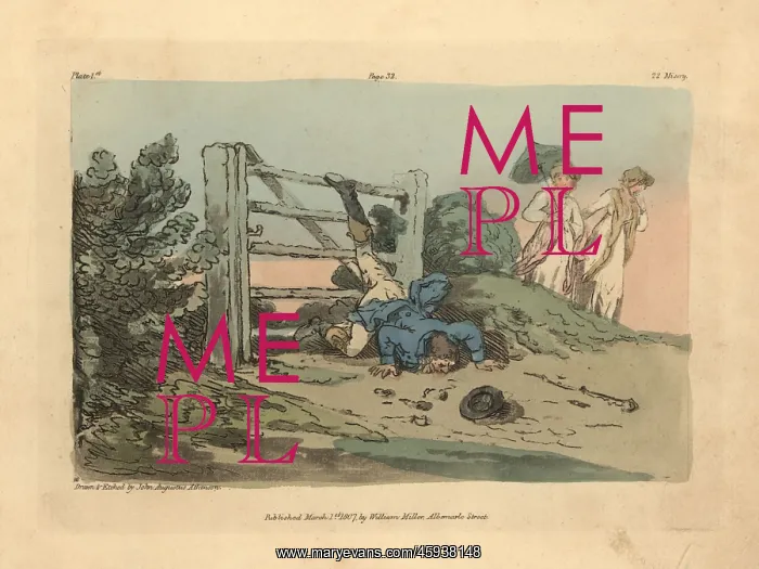 : Regency gentleman falling over a gate while two women watch : Regency gentleman falling over a gate while two women watch