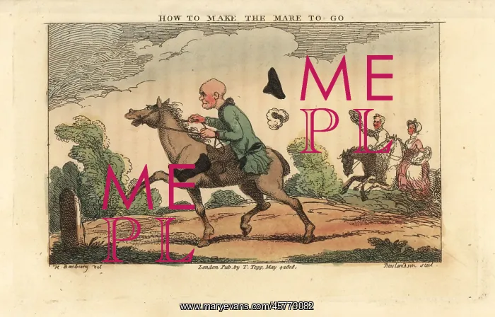 : Regency gentleman loses his hat and wig on a mare : Regency gentleman loses his hat and wig on a mare