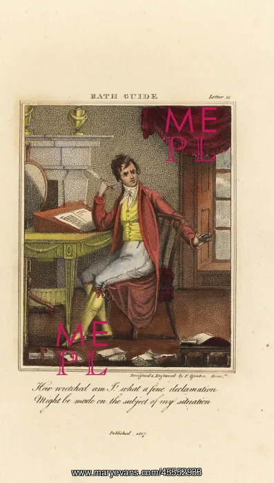 : Regency gentleman seated at an ecritoire with a feather pen : Regency gentleman seated at an ecritoire with a feather pen