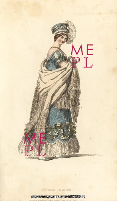 : Regency lady in opera dress and toque hat, 1817 : Regency lady in opera dress and toque hat, 1817